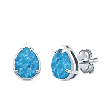 Solitaire Teardrop Pear Stud Earrings Lab Created Blue Opal 925 Sterling Silver